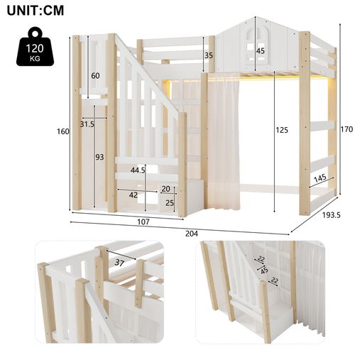 Lit Mezzanine 140x200cm, Avec LED, Rambardes Et Mains Courantes, Blanc + Bois Naturel