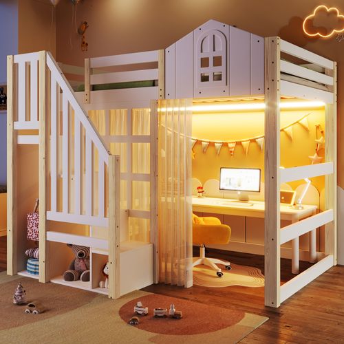 Lit Mezzanine 140x200cm, Avec LED, Rambardes Et Mains Courantes, Blanc + Bois Naturel