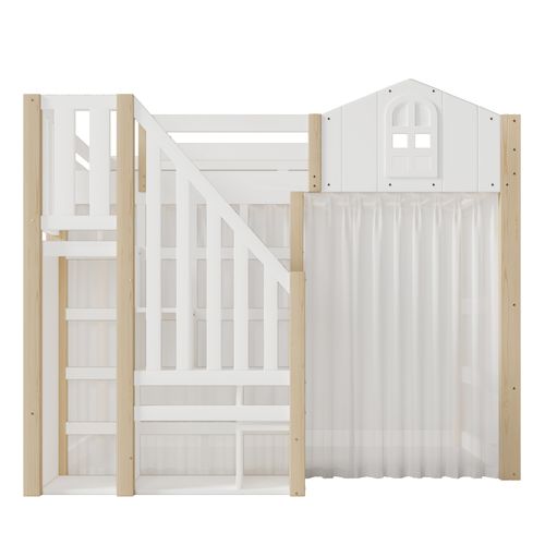 Lit Mezzanine 140x200cm, Avec LED, Rambardes Et Mains Courantes, Blanc + Bois Naturel