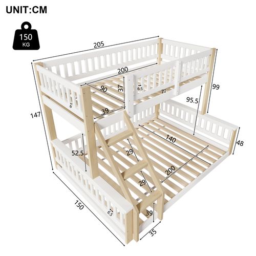 Lit Superposé 90x200 Cm / 140x200 Cm, Avec Échelle Et Barrière De Sécurité, Blanc + Couleur Bois