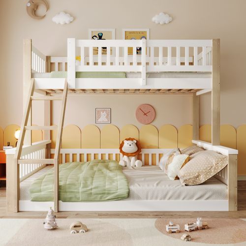 Lit Superposé 90x200 Cm / 140x200 Cm, Avec Échelle Et Barrière De Sécurité, Blanc + Couleur Bois