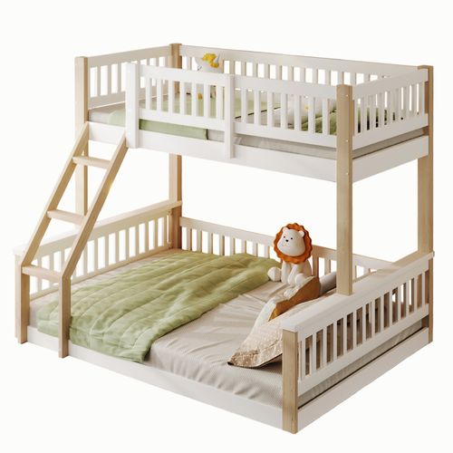 Lit Superposé 90x200 Cm / 140x200 Cm, Avec Échelle Et Barrière De Sécurité, Blanc + Couleur Bois