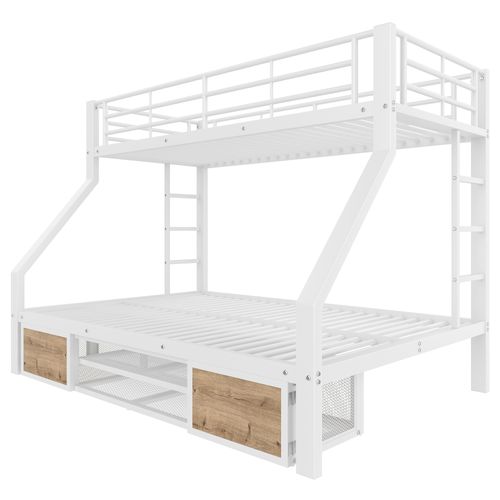 Lit Superposé Enfant 90x200 Cm/140x200 Cm, Lit Avec Rangement Et Barrières De Sécurité, Métal, Blanc
