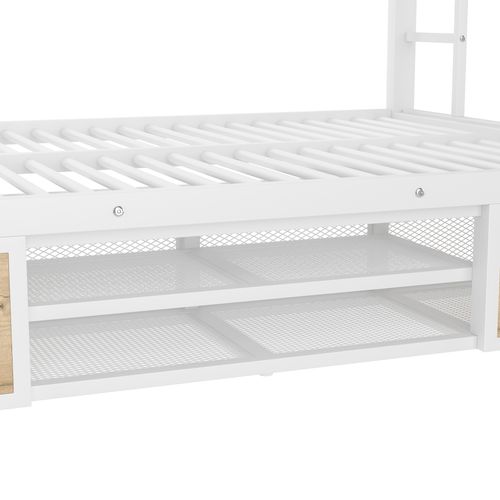 Lit Superposé Enfant 90x200 Cm/140x200 Cm, Lit Avec Rangement Et Barrières De Sécurité, Métal, Blanc