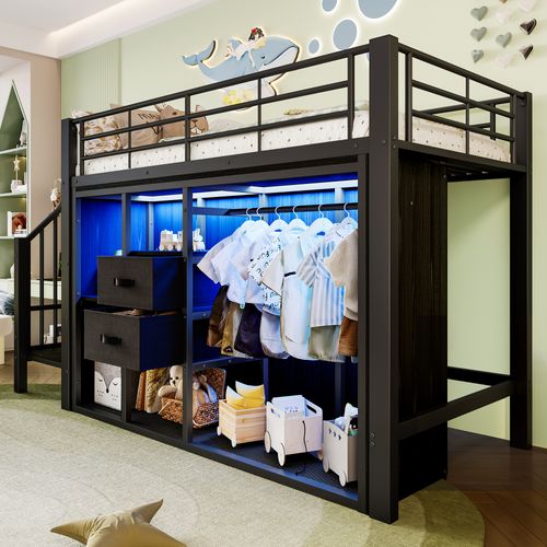 Lit Mezzanine Enfant 90x200 Cm, Lit Simple Avec 2 Tiroirs, Penderie Ouverte Et LED, Métal, Noir