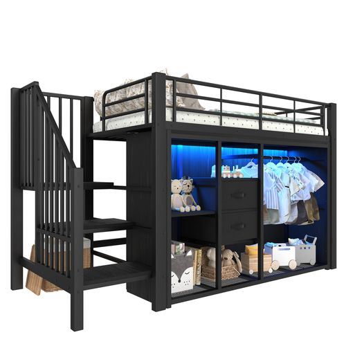 Lit Mezzanine Enfant 90x200 Cm, Lit Simple Avec 2 Tiroirs, Penderie Ouverte Et LED, Métal, Noir