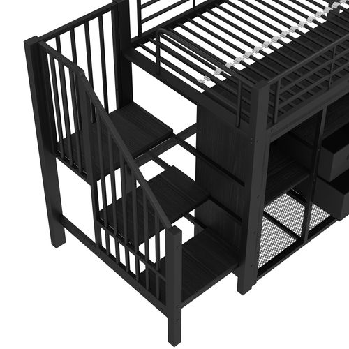 Lit Mezzanine Enfant 90x200 Cm, Lit Simple Avec 2 Tiroirs, Penderie Ouverte Et LED, Métal, Noir