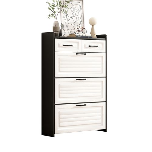 Commode à Chaussures 80x23.5x131cm, 3 Portes, 2 Tiroirs, En Panneaux Particules, Blanc Et Noir