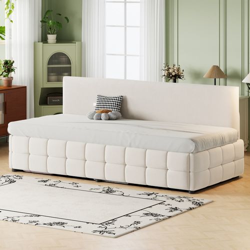 Lit Coffre 90x200 Cm Lit Enfant Avec Rangement, Sommier, Motif Moderne, En Velours, Beige