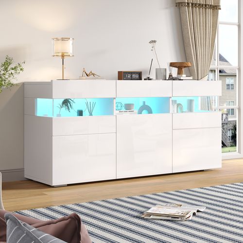 Buffet Moderne 140x40,5x66,5 Cm Avec LED Et 3 Portes, 7 Niches, Panneaux De Particules, Blanc