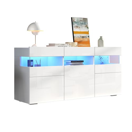 Buffet Moderne 140x40,5x66,5 Cm Avec LED Et 3 Portes, 7 Niches, Panneaux De Particules, Blanc