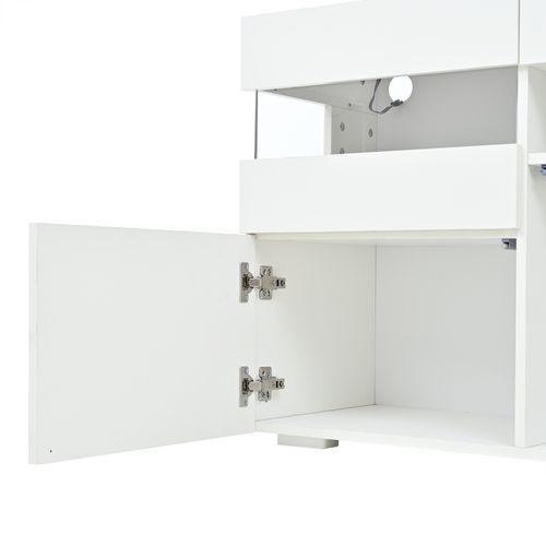 Buffet Moderne 140x40,5x66,5 Cm Avec LED Et 3 Portes, 7 Niches, Panneaux De Particules, Blanc