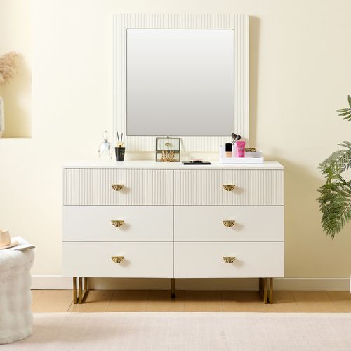 Ensemble De Salon: Buffet Blanc En Mdf 120x40x75 Cm Avec 6 Tiroirs, 1 Miroir 80x80x1,5 Cm