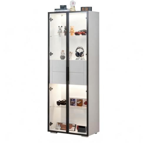 Vitrine 60x40x160 Cm Avec 2 Étagères En Verre, 2 Tiroirs, Éclairage LED, Mdf, Blanc