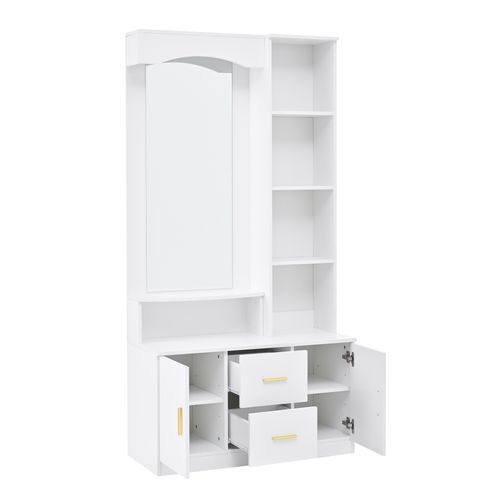 Vestiaire 90x40x180 Cm Avec Miroir, Armoires à Chaussures, 2 Tiroirs Et 2 Casiers, Mdf, Blanc