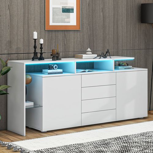 Buffet 140x35x70 Cm Avec 4 Tiroirs, 2 Portes, LED, Armoire, En Panneau De Particules, Blanc