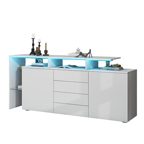 Buffet 140x35x70 Cm Avec 4 Tiroirs, 2 Portes, LED, Armoire, En Panneau De Particules, Blanc