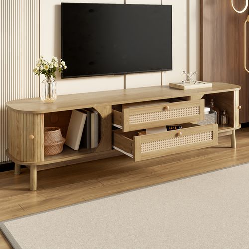 Meuble TV 170x39,5x46 Cm Avec 2 Tiroirs, 2 Portes Coulissantes, En Mdf, Couleur Chêne