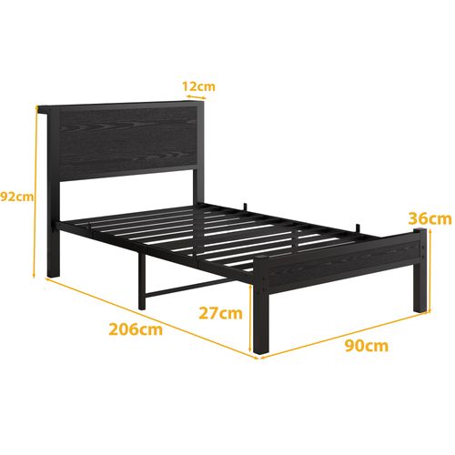 Lit Enfant 90x200 Cm, Lit Simple Avec Tête De Lit Vintage Et Étagère, Métal + Mdf, Noir