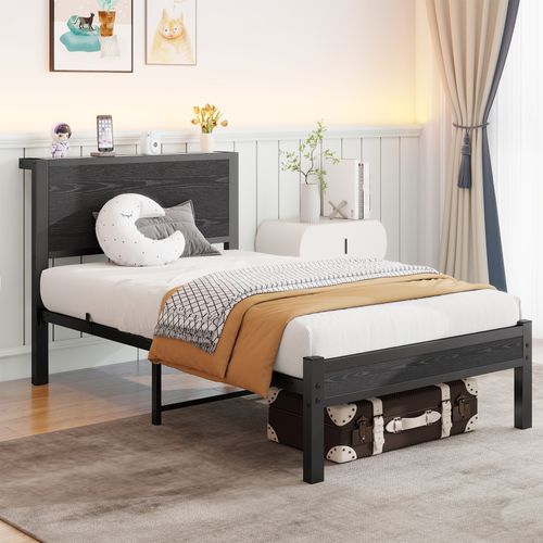 Lit Enfant 90x200 Cm, Lit Simple Avec Tête De Lit Vintage Et Étagère, Métal + Mdf, Noir