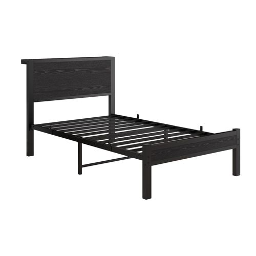 Lit Enfant 90x200 Cm, Lit Simple Avec Tête De Lit Vintage Et Étagère, Métal + Mdf, Noir