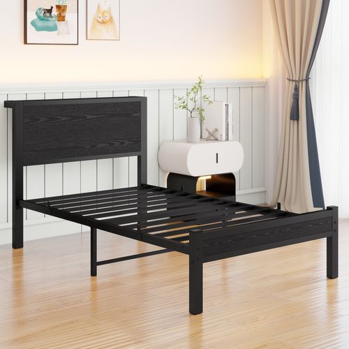 Lit Enfant 90x200 Cm, Lit Simple Avec Tête De Lit Vintage Et Étagère, Métal + Mdf, Noir
