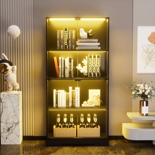 Vitrine En Verre LED 80x35x165cm, 4 Portes En Verre, Capteurs Intelligents, Noir