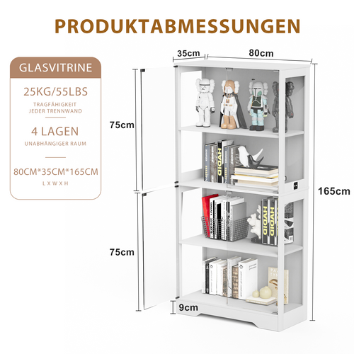 Vitrine En Verre LED 80x35x165cm, 4 Portes En Verre, 4 Couches, Capteurs Intelligents, Blanc