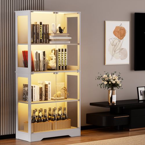 Vitrine En Verre LED 80x35x165cm, 4 Portes En Verre, 4 Couches, Capteurs Intelligents, Blanc