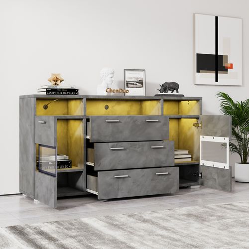 Buffet 140x33.5x72.5 Cm Avec 2 Portes, 3 Tiroirs, LED, Compartiments Ouverts, Couleur Gris