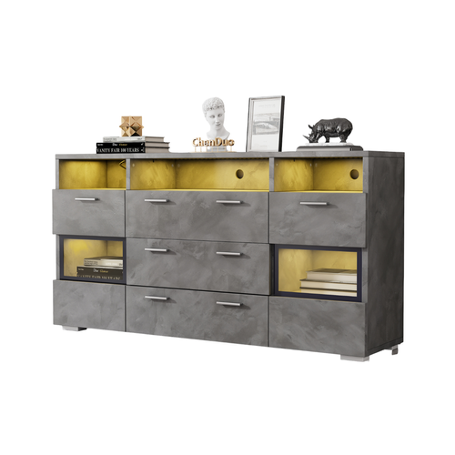 Buffet 140x33.5x72.5 Cm Avec 2 Portes, 3 Tiroirs, LED, Compartiments Ouverts, Couleur Gris