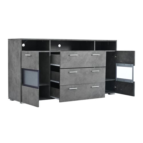 Buffet 140x33.5x72.5 Cm Avec 2 Portes, 3 Tiroirs, LED, Compartiments Ouverts, Couleur Gris