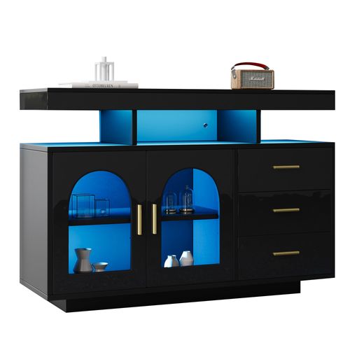 Buffet 120x40x80 Cm Avec 3 Tiroirs, 2 Portes, LED, En Panneaux Particules, Noir