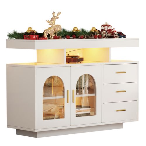 Buffet 120x40x80 Cm Avec 3 Tiroirs, 2 Portes, LED, En Panneaux Particules, Blanc
