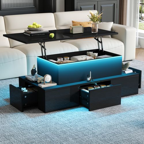 Table Basse Relevable 100x50x40 Cm Avec 4 Tiroirs, LED, Rangement Caché, En Mdf, Noire - Table basse Table Basse Relevable 100x50x40 Cm Avec 4 Tiroirs, LED, Rangement Caché, En Mdf, Noire - Table basse