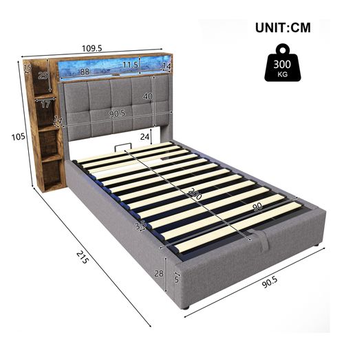 Lit Coffre Enfant 90x200 Cm Avec LED, charge USB Type C, Lin Et MDF, Gris