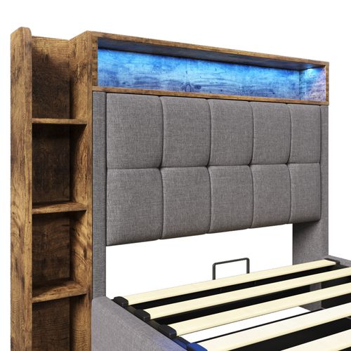 Lit Coffre Enfant 90x200 Cm Avec LED, charge USB Type C, Lin Et MDF, Gris