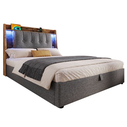 Lit Coffre 90x200 Cm, Lit 1 Place Avec LED, Charge USB Type-C, Lin Et Mdf, Gris