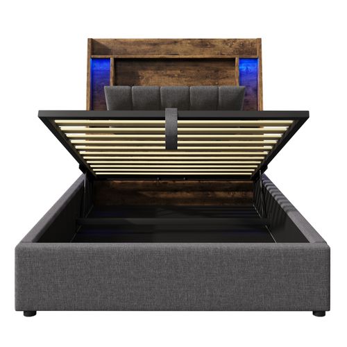 Lit Coffre 90x200 Cm, Lit 1 Place Avec LED, Charge USB Type-C, Lin Et Mdf, Gris