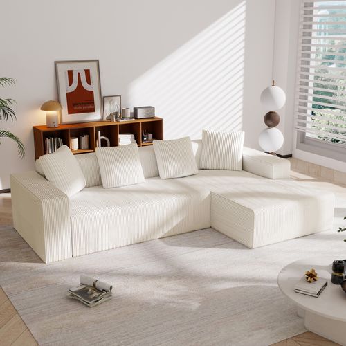 Canapé D'angle Modulable 3 Places 261x146x65 Cm, Canapé En L Avec 4 Coussins , Tissu, Blanc