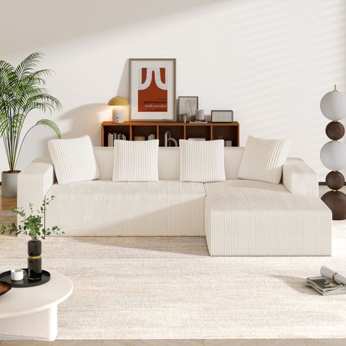 Canapé D'angle Modulable 3 Places 261x146x65 Cm, Canapé En L Avec 4 Coussins , Tissu, Blanc