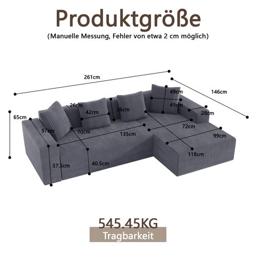 Canapé D'angle Modulable 3 Places 261x146x65 Cm, Canapé En L Avec 4 Coussins , Tissu, Gris