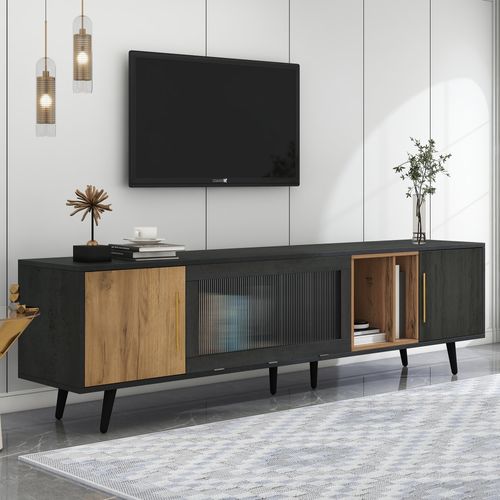 Meuble TV 200x40x55.5 Cm Avec 3 Portes Et 2 Compartiments De Rangement Ouverts, Mdf, Gris