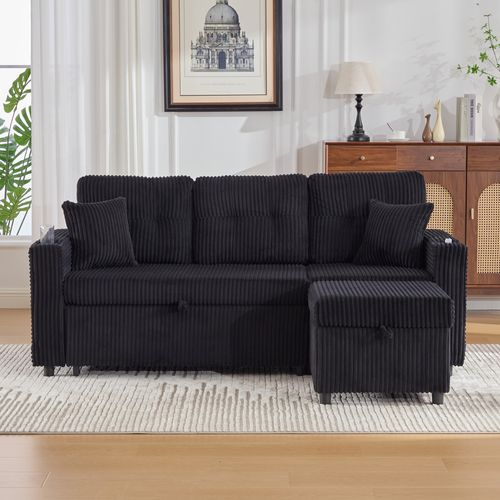 Canapé Convertible 3 Places 196x82/144x85 Cm, LED, USB-c, Porte-verres, Repose-bras, Tissu, Noir