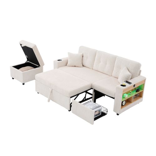 Canapé Convertible 3 Places 196x82/144x85 Cm, LED, USB-c, Porte-verres, Repose-bras, Tissu, Beige
