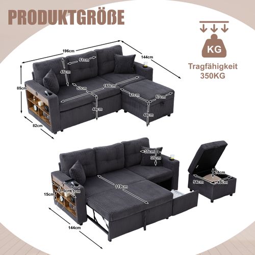 Canapé Convertible 3 Places 196x82/144x85 Cm, LED, USB-c, Porte-verres, En Tissu, Gris Foncé