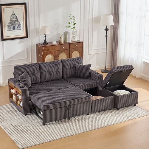 Canapé Convertible 3 Places 196x82/144x85 Cm, LED, USB-c, Porte-verres, En Tissu, Gris Foncé