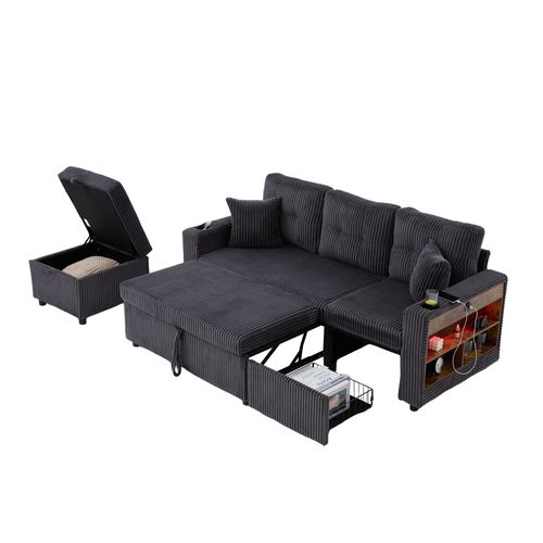 Canapé Convertible 3 Places 196x82/144x85 Cm, LED, USB-c, Porte-verres, En Tissu, Gris Foncé