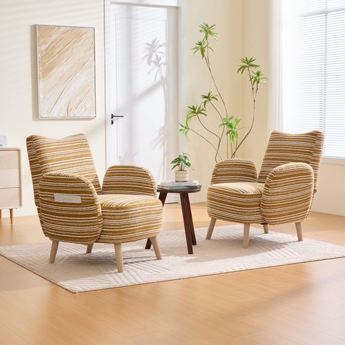 Fauteuil Avec Poche Latérale, Pieds En Bois Massif, Motif Circulaire, En Tissu, Jaune Moutarde