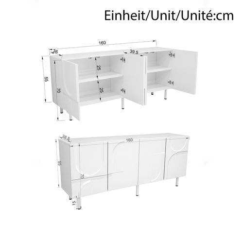 Buffet 160x38,5x70 Cm Avec 4 Portes, Espaces De Rangement, En Mdf, Blanc